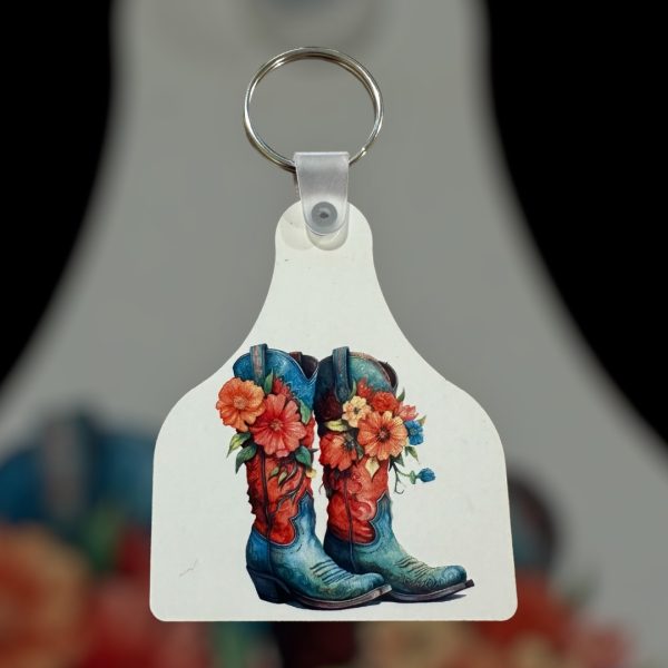 Blue Cowboy Boots with flowers key chain