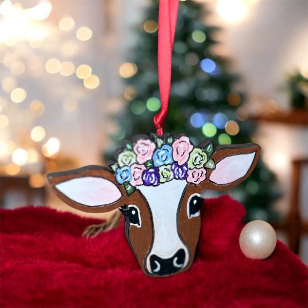 Cow with Flower Crown Wood Ornament